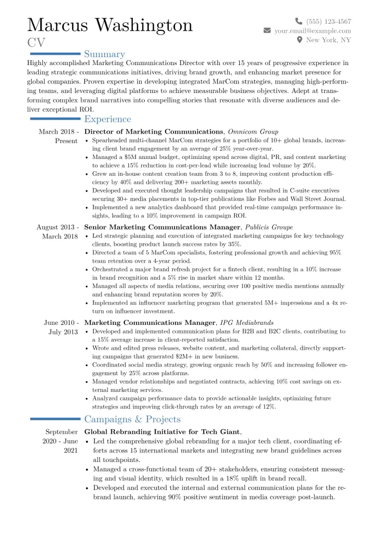 Marketing Communications Director Resume Example CV template preview