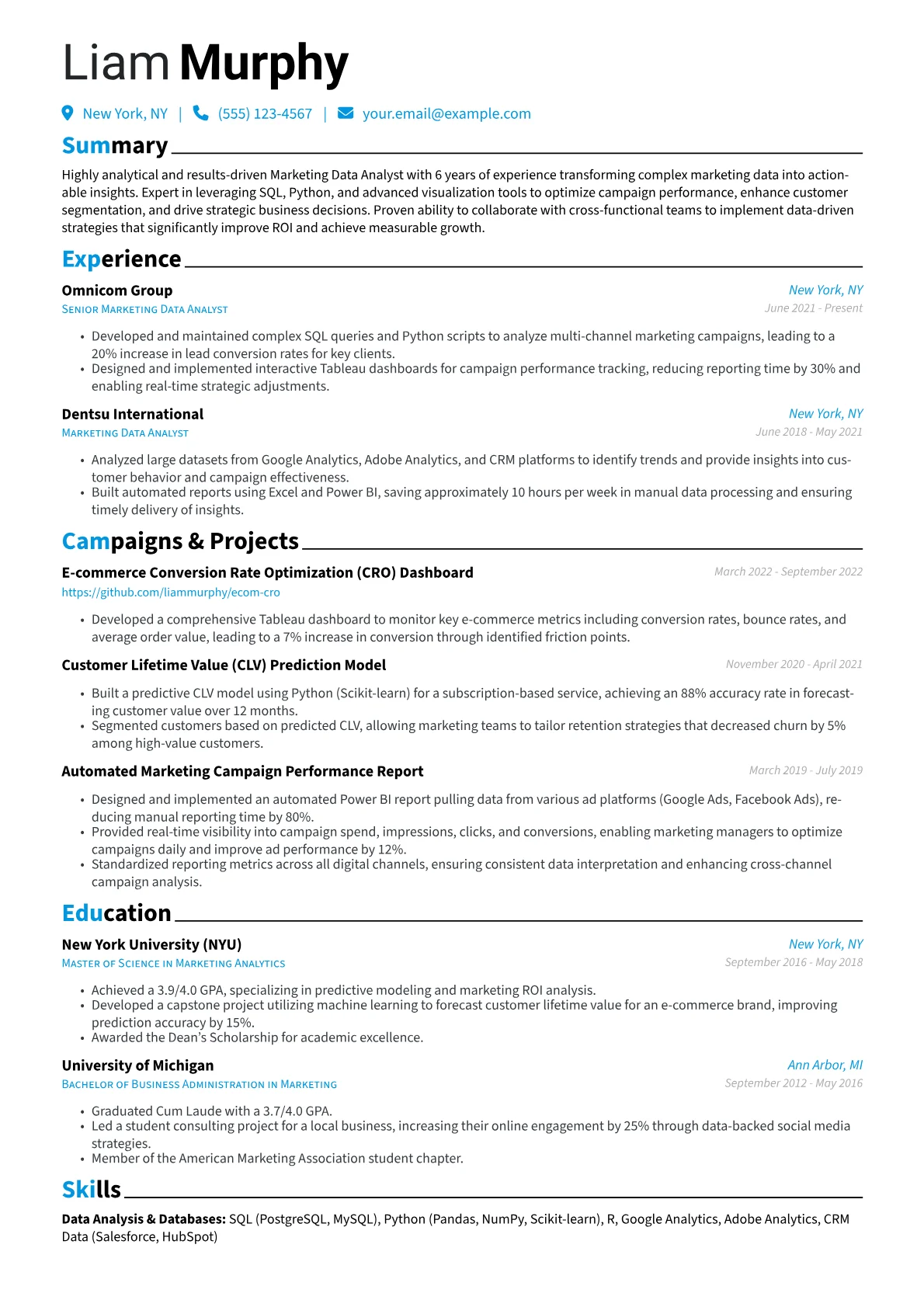 Marketing Data Analyst Resume Example CV template - Page 1