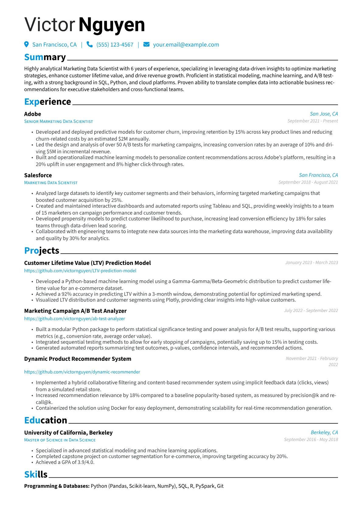 Marketing Data Scientist Resume Example CV template - Page 1