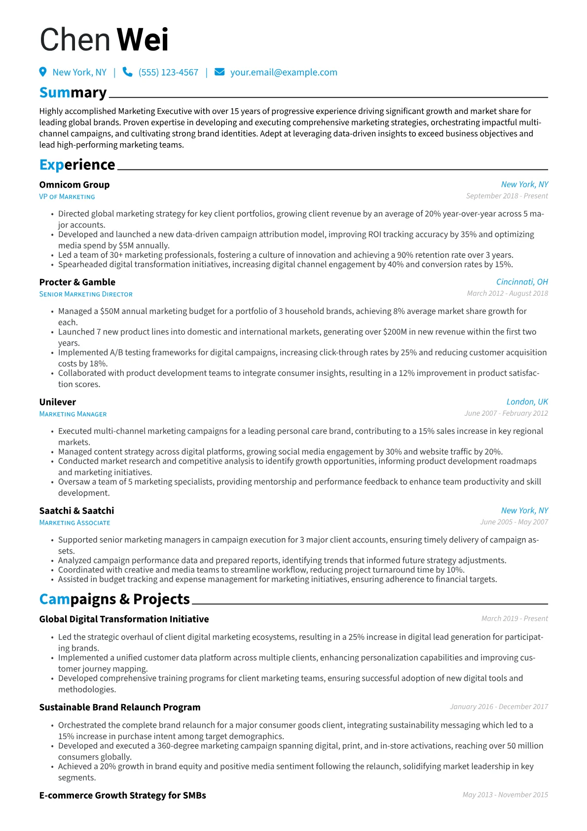 Marketing Executive Resume Example CV template - Page 1
