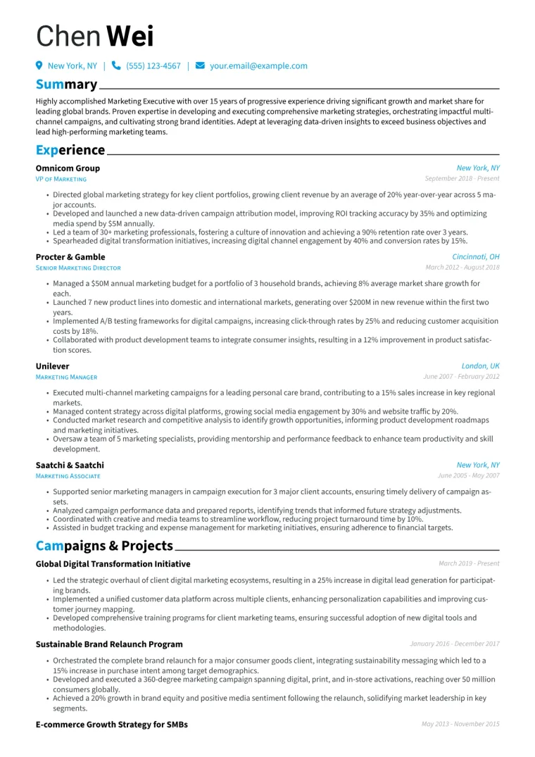 Marketing Executive Resume Example CV template preview