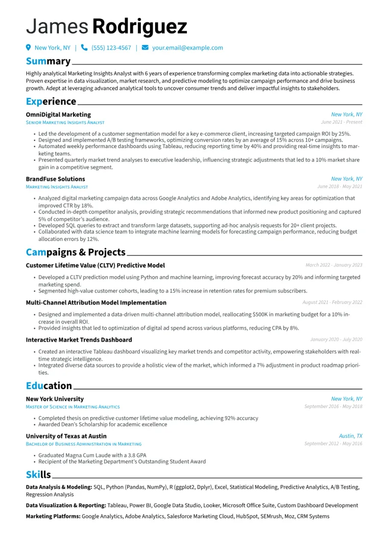 Marketing Insights Analyst Resume Example CV template preview
