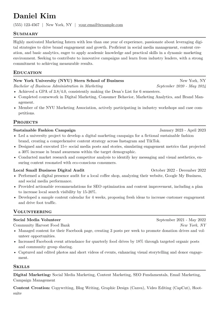 Marketing Intern Resume Example