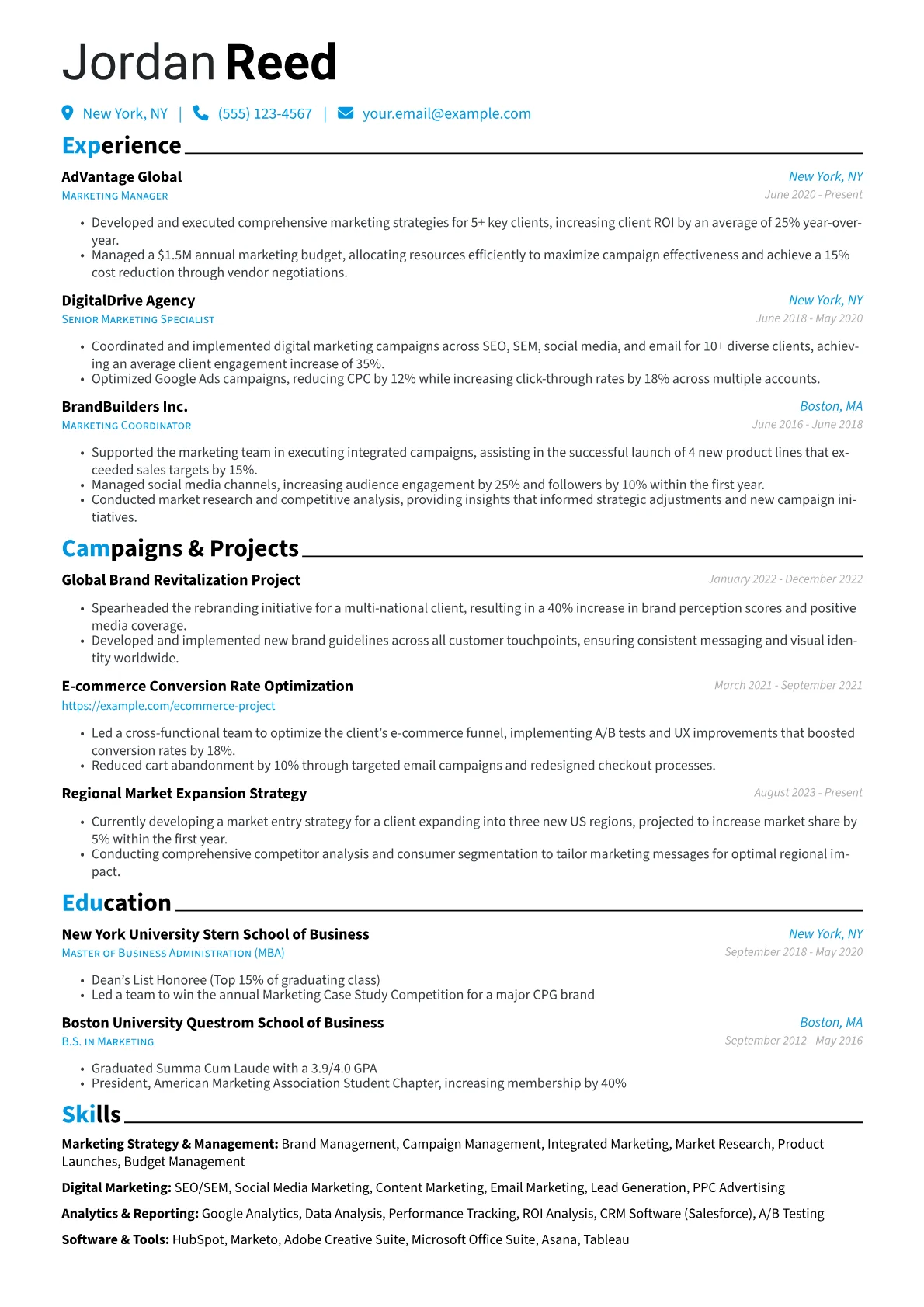 Marketing Manager Resume Example CV template - Page 1