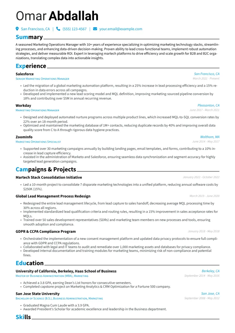 Marketing Operations Manager Resume Example CV template preview