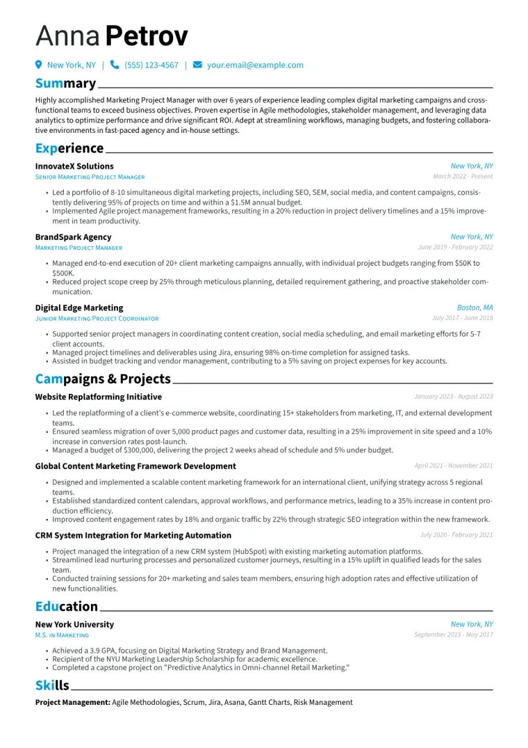 Marketing Project Manager Resume Example CV template preview