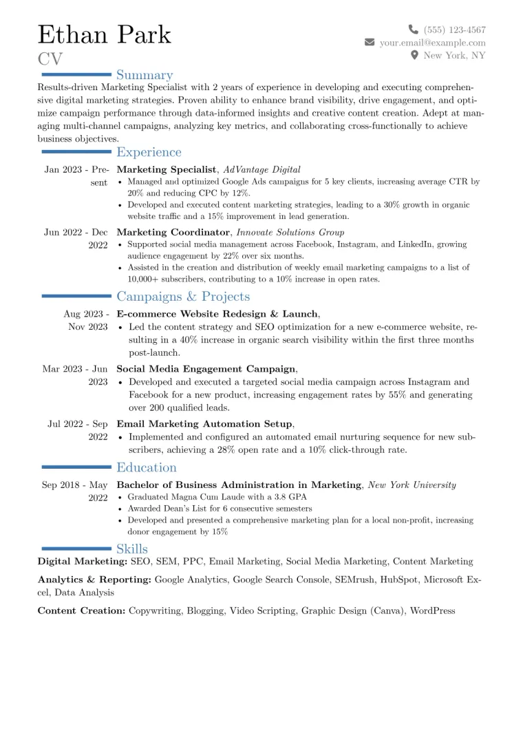 Marketing Specialist Resume Example CV template preview