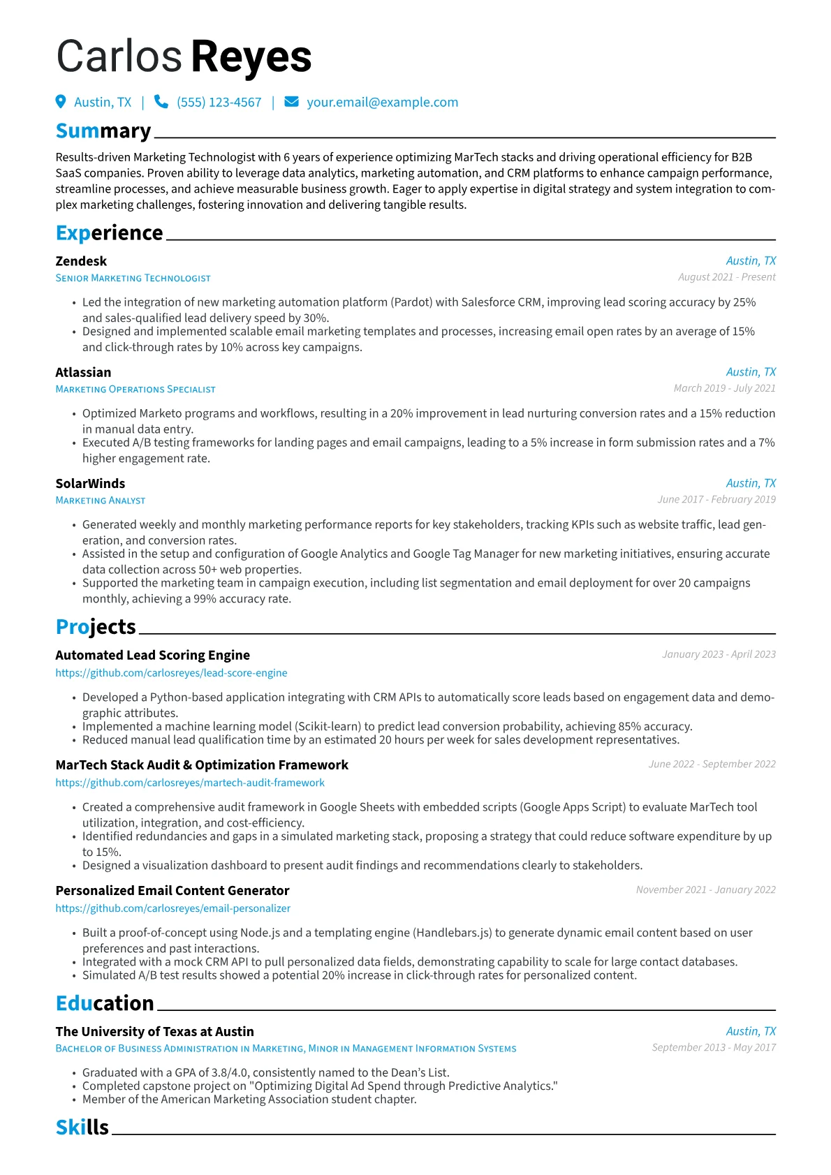 Marketing Technologist Resume Example CV template - Page 1