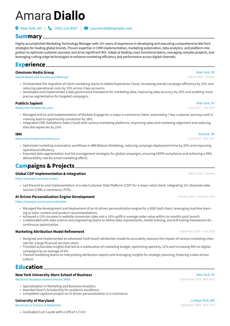 Marketing Technology Manager Resume Example CV template preview