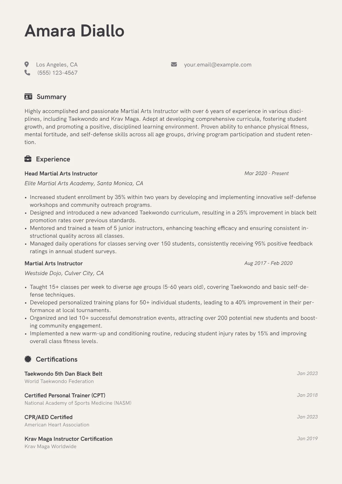 Martial Arts Instructor Resume Example CV template - Page 1