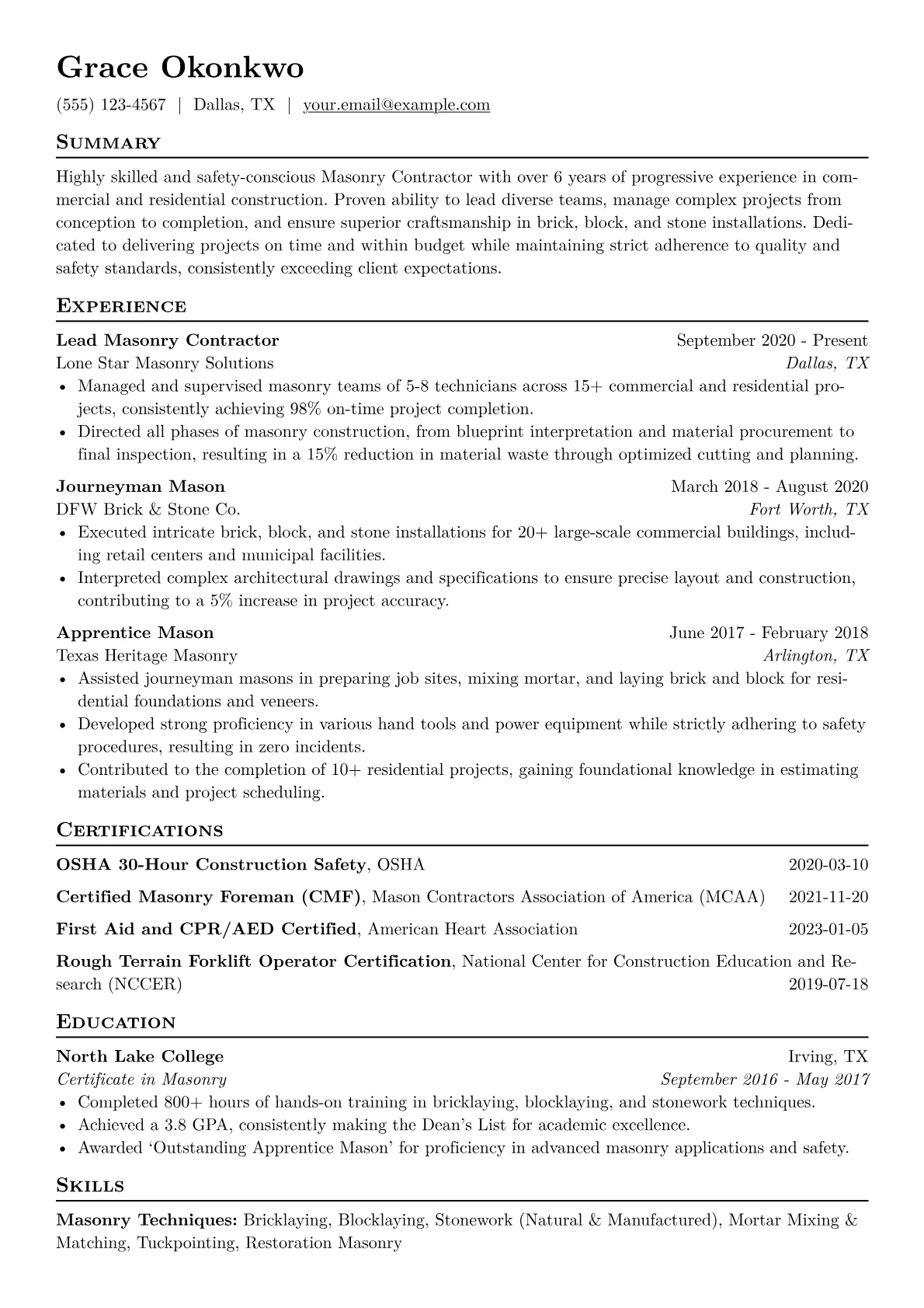 Masonry Contractor Resume Example CV template - Page 1