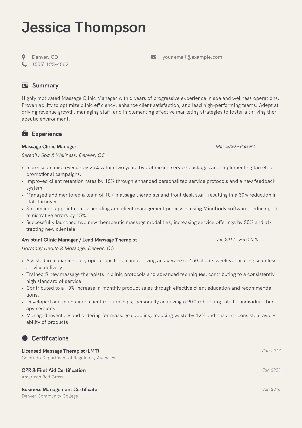 Massage Clinic Manager Resume Example CV template - Page 1