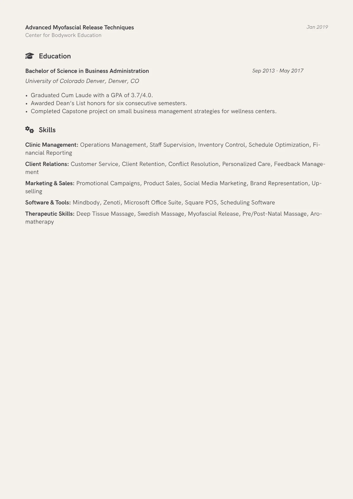 Massage Clinic Manager Resume Example CV template - Page 2