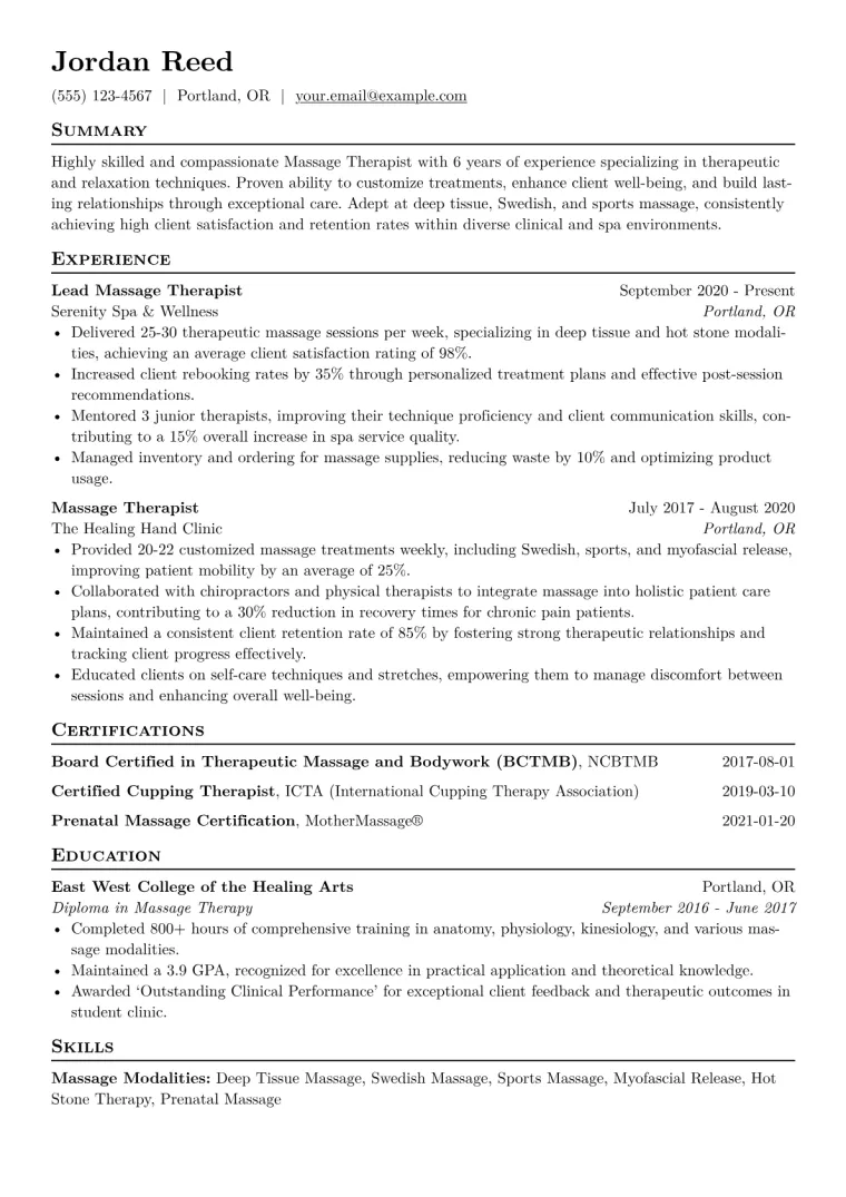 Massage Therapist Resume Example