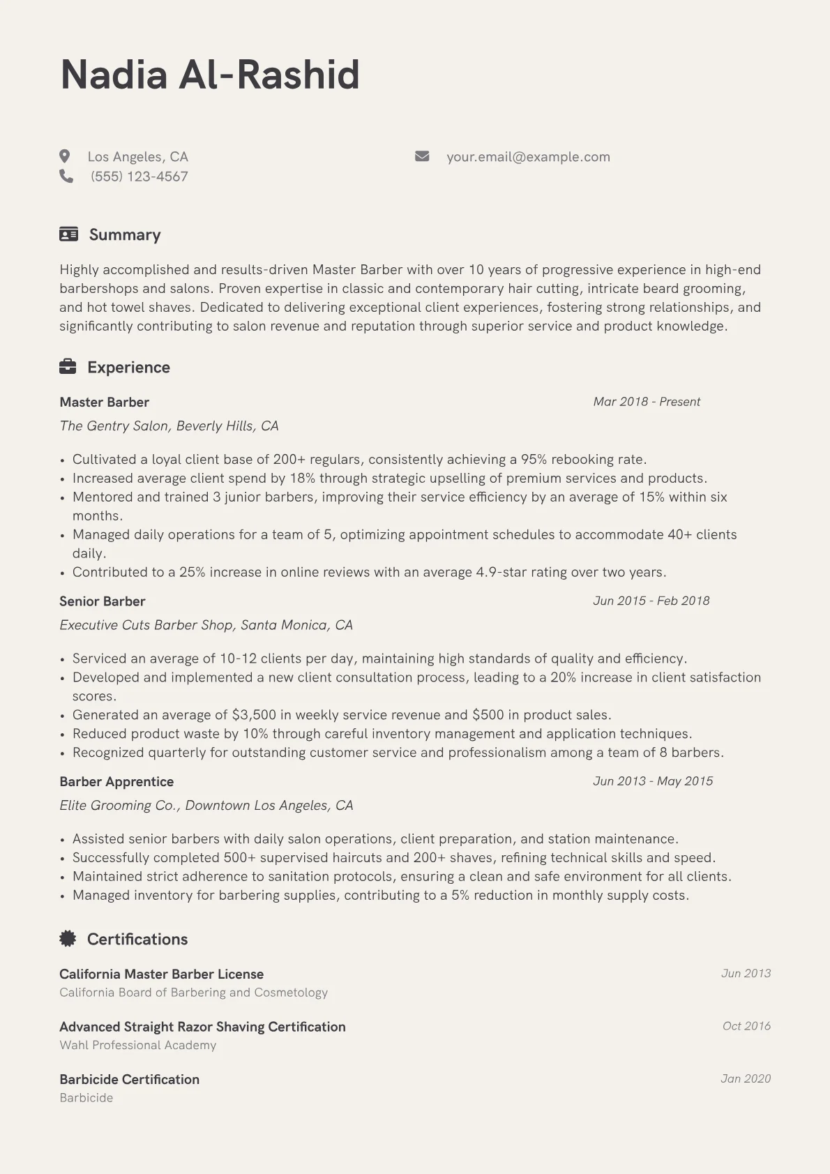 Master Barber Resume Example CV template - Page 1