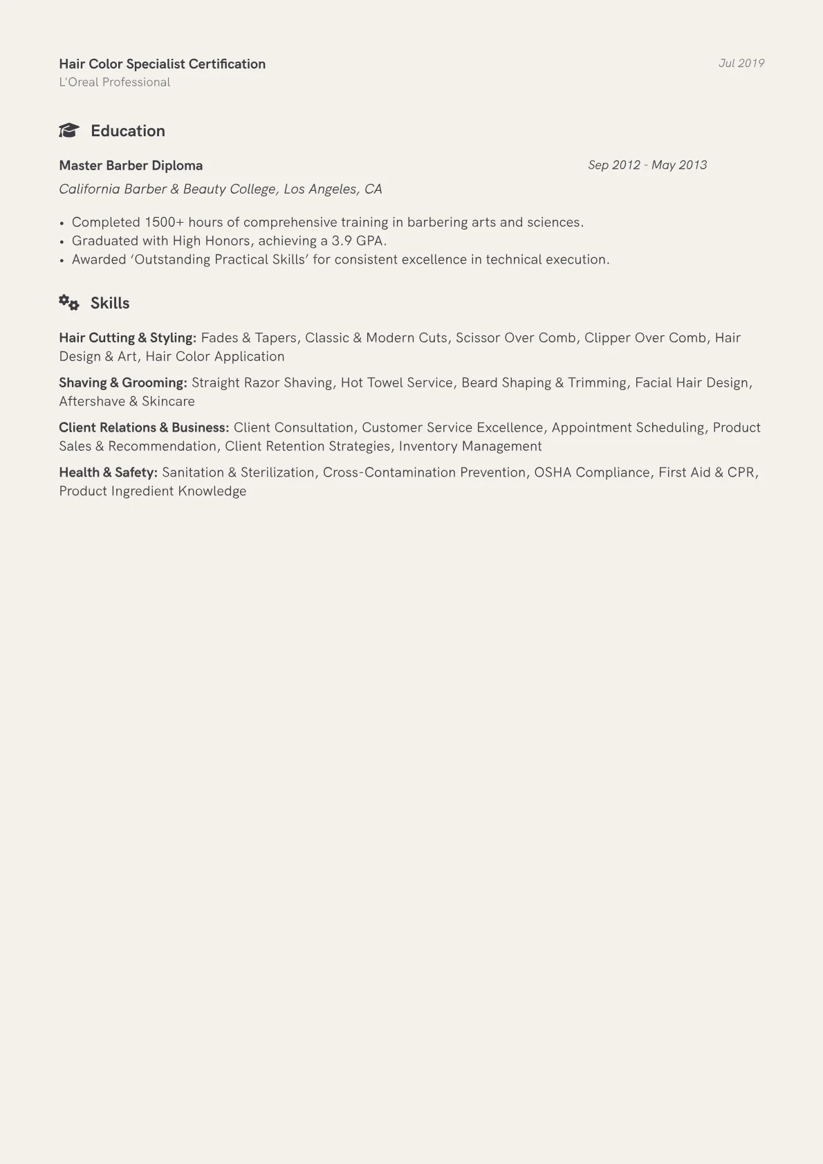 Master Barber Resume Example CV template - Page 2