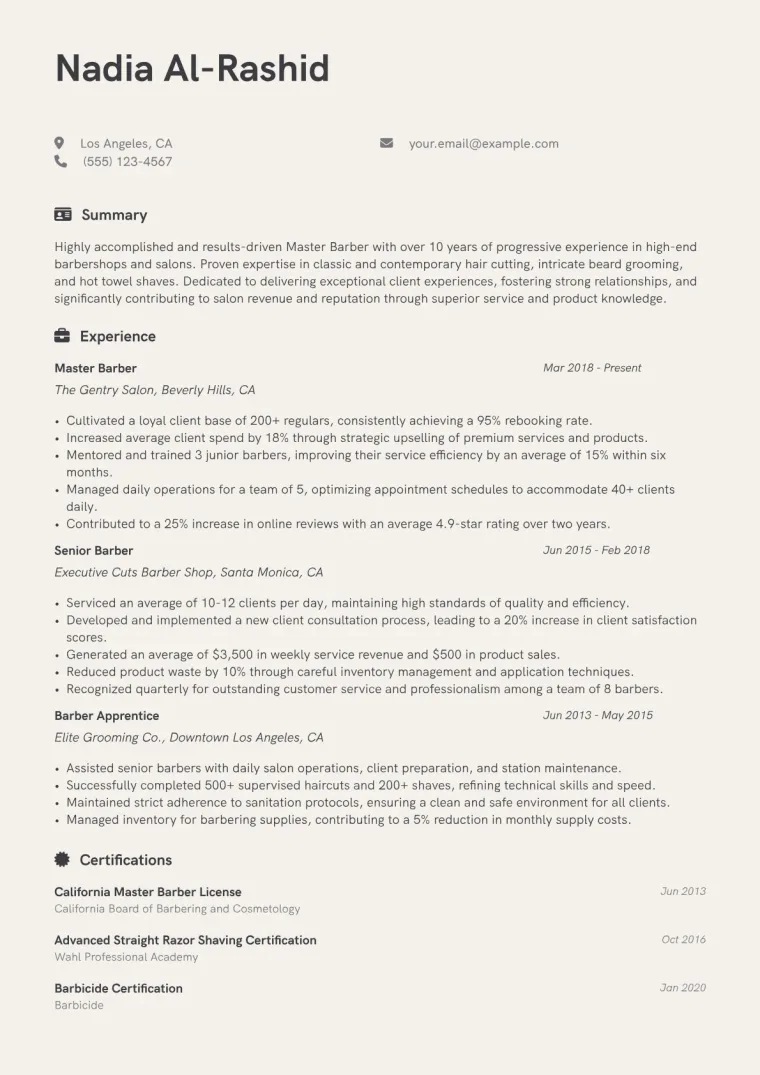 Master Barber Resume Example CV template preview