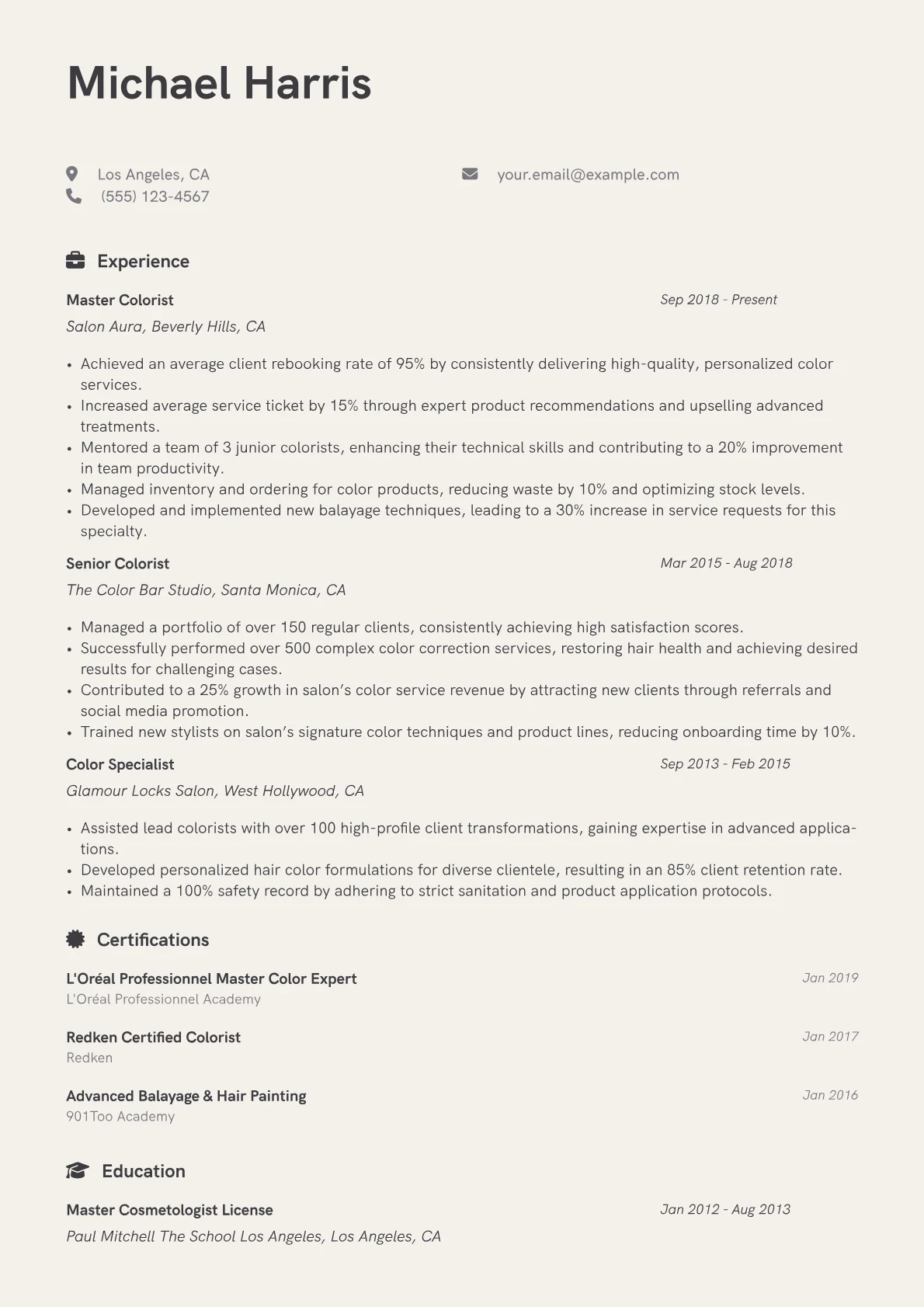 Master Colorist Resume Example CV template - Page 1
