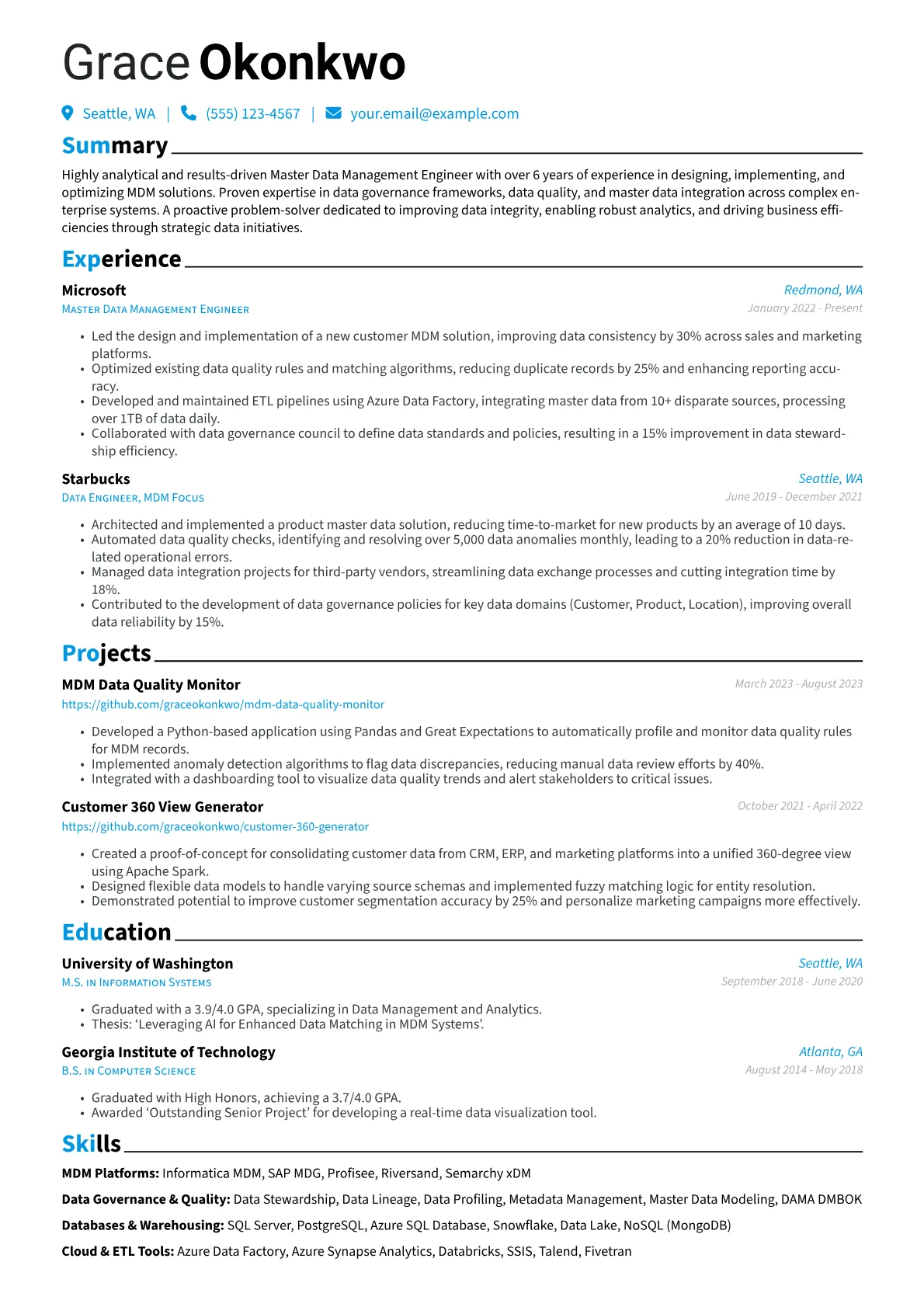 Master Data Management Engineer Resume Example CV template - Page 1