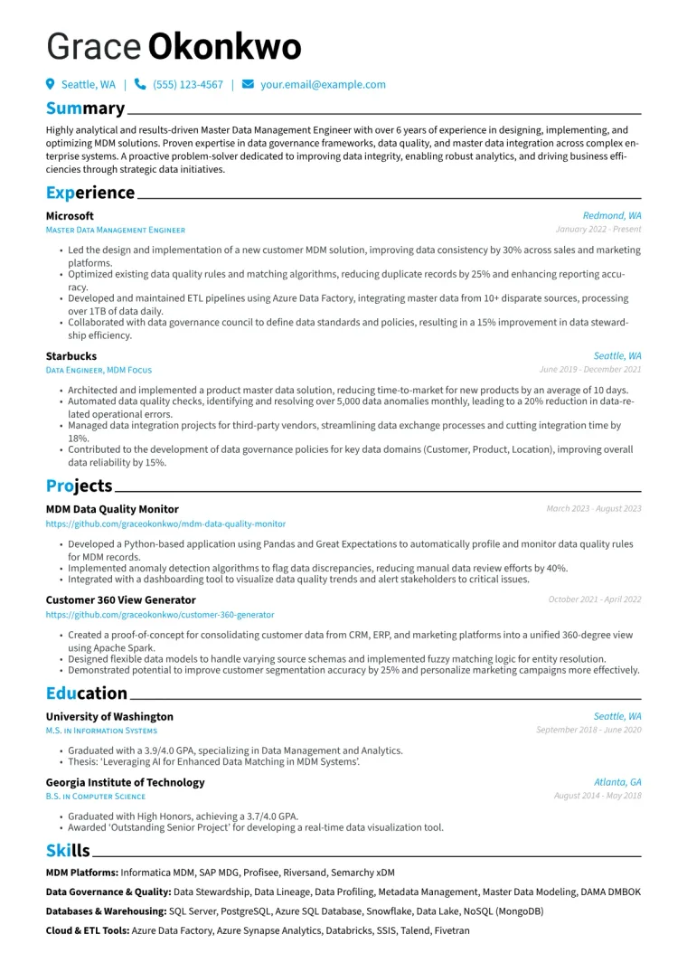 Master Data Management Engineer Resume Example CV template preview