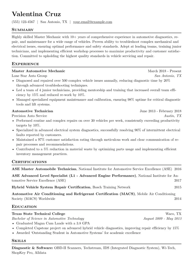 Master Mechanic Resume Example CV template preview