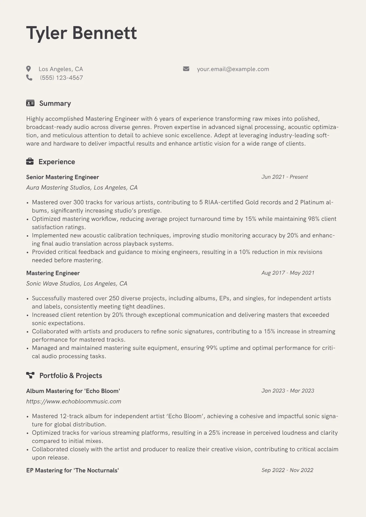 Mastering Engineer Resume Example CV template - Page 1