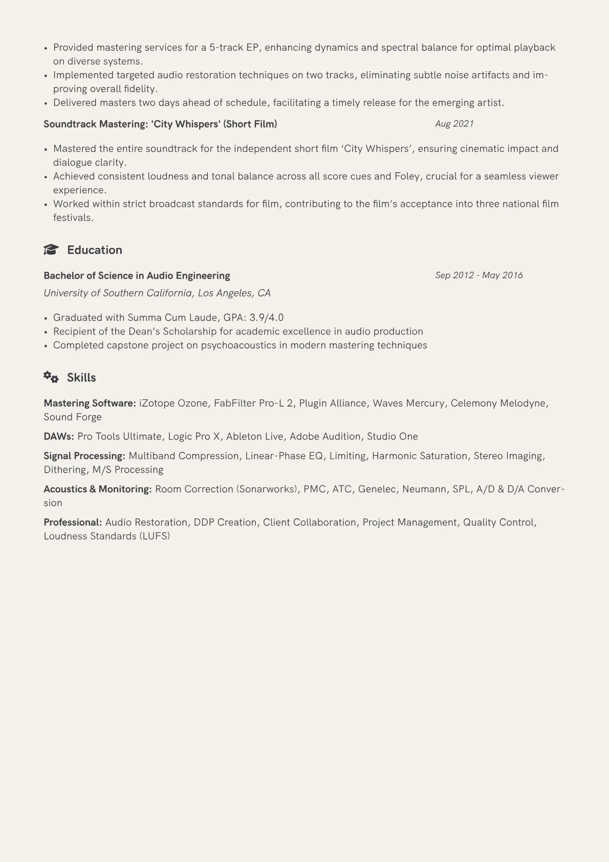 Mastering Engineer Resume Example CV template - Page 2