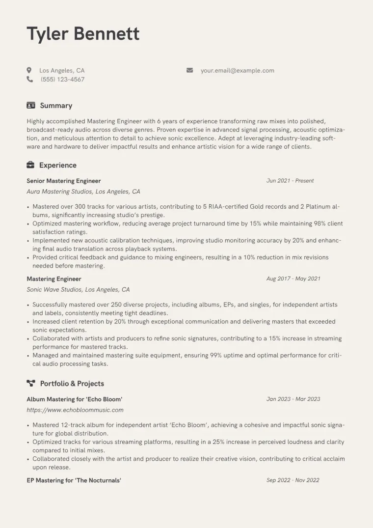 Mastering Engineer Resume Example CV template preview
