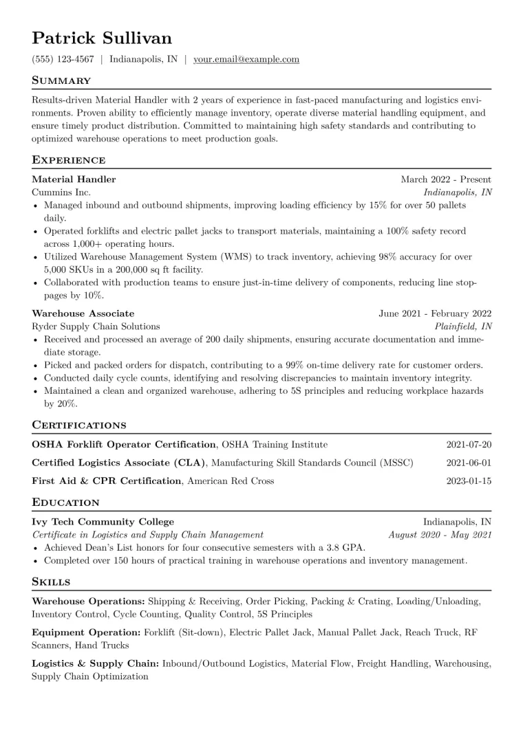 Material Handler Resume Example CV template preview