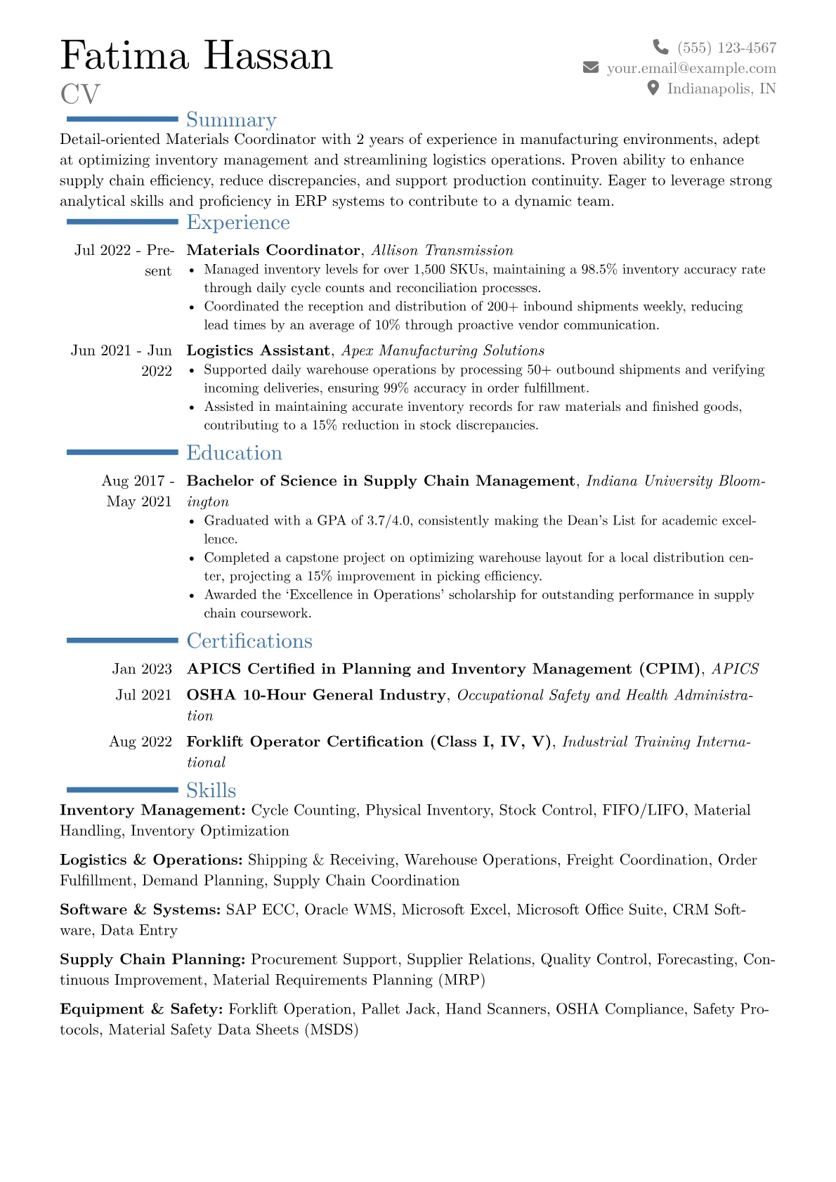 Materials Coordinator Resume Example CV template - Page 1