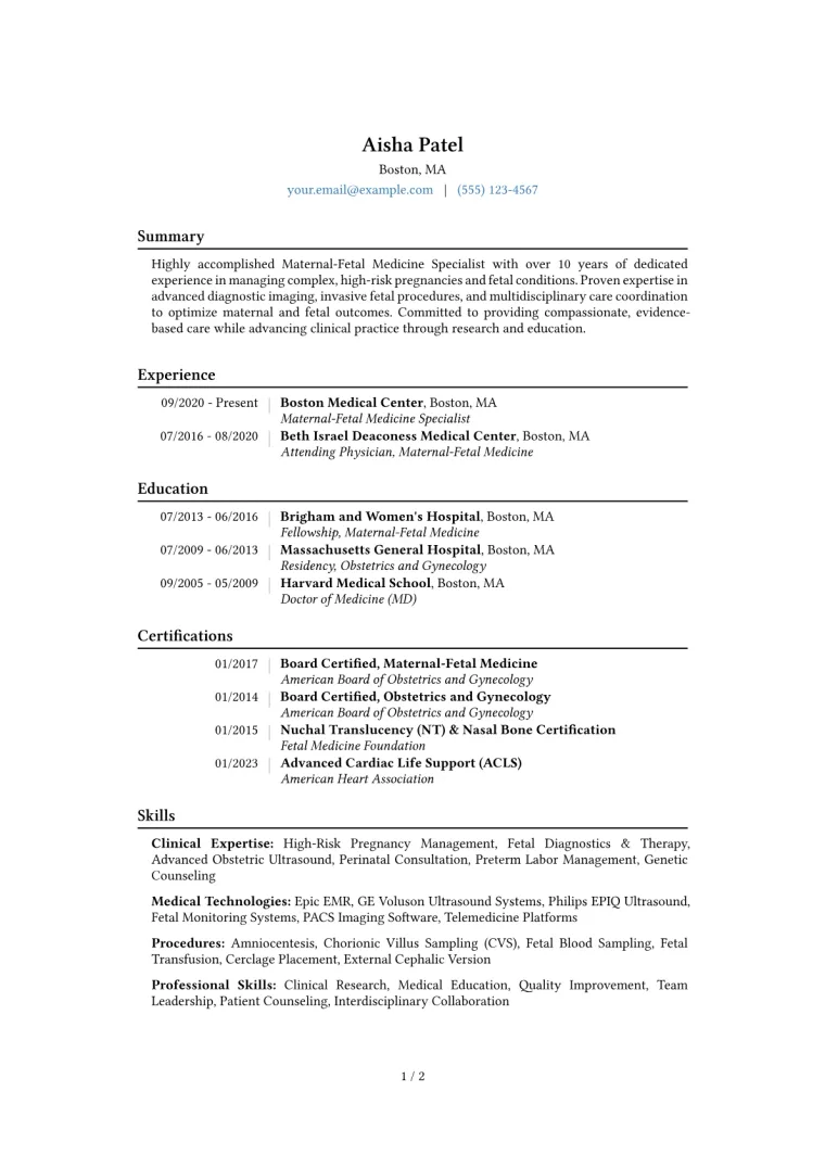 Maternal-Fetal Medicine Specialist Resume Example CV template preview
