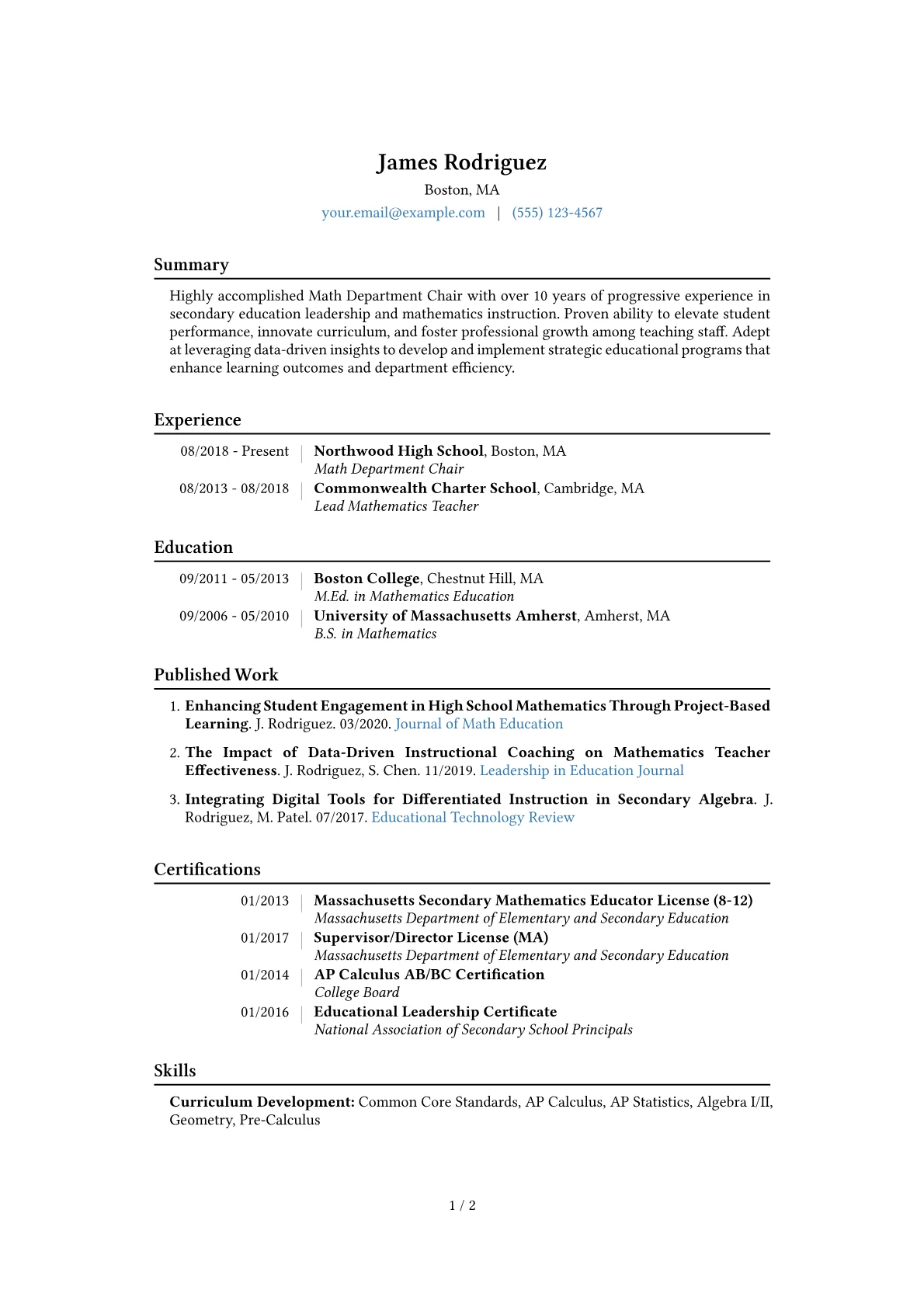 Math Department Chair Resume Example CV template - Page 1
