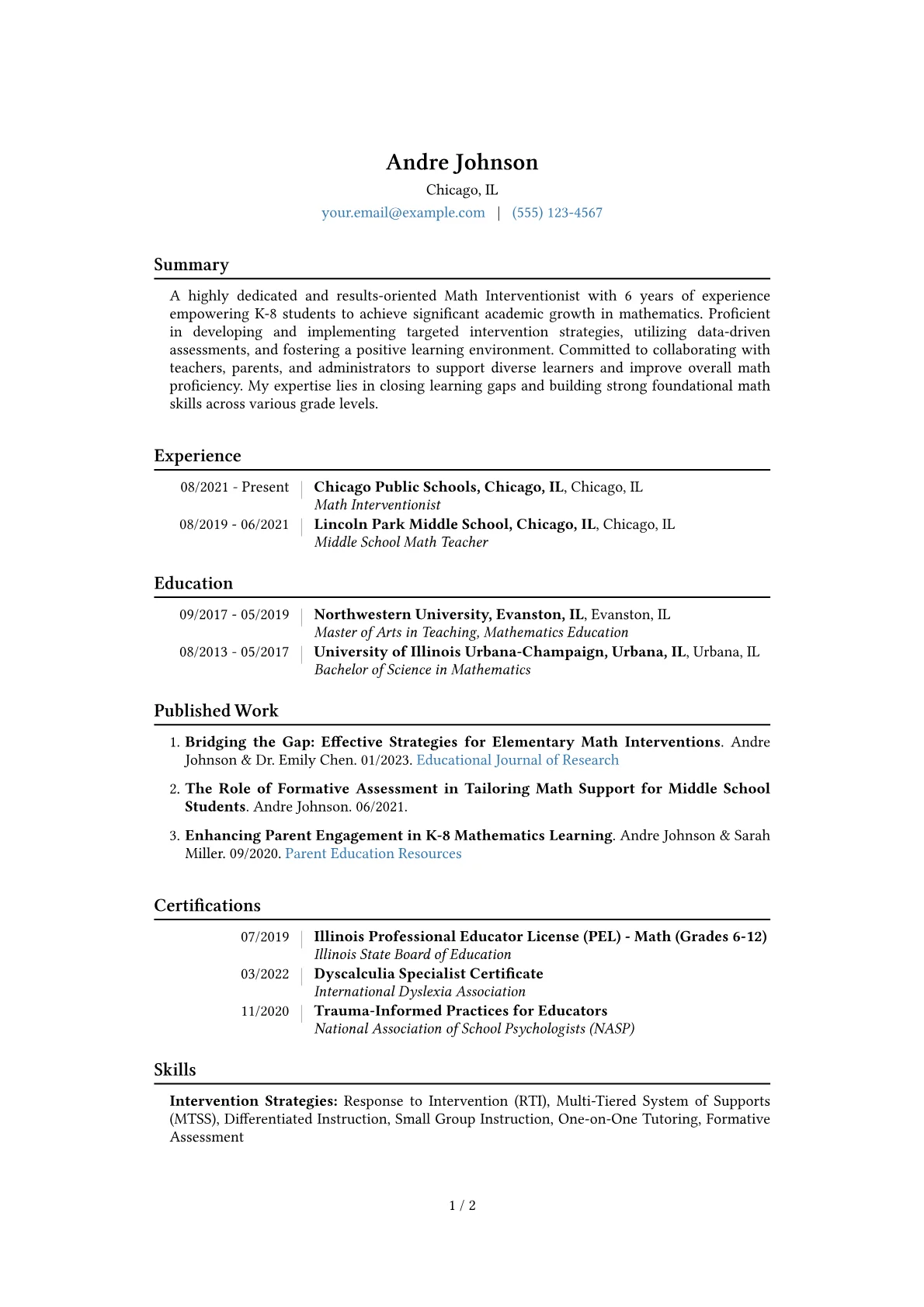 Math Interventionist Resume Example CV template - Page 1