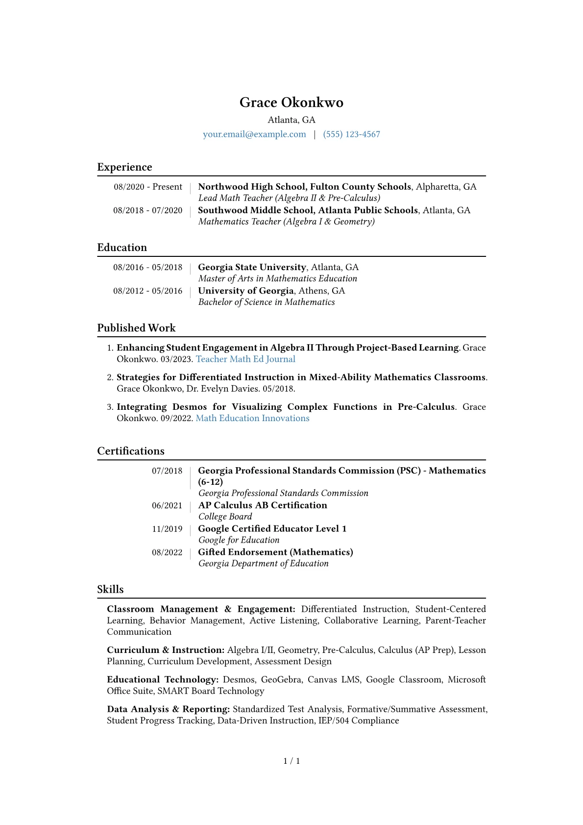 Math Teacher Resume Example CV template - Page 1