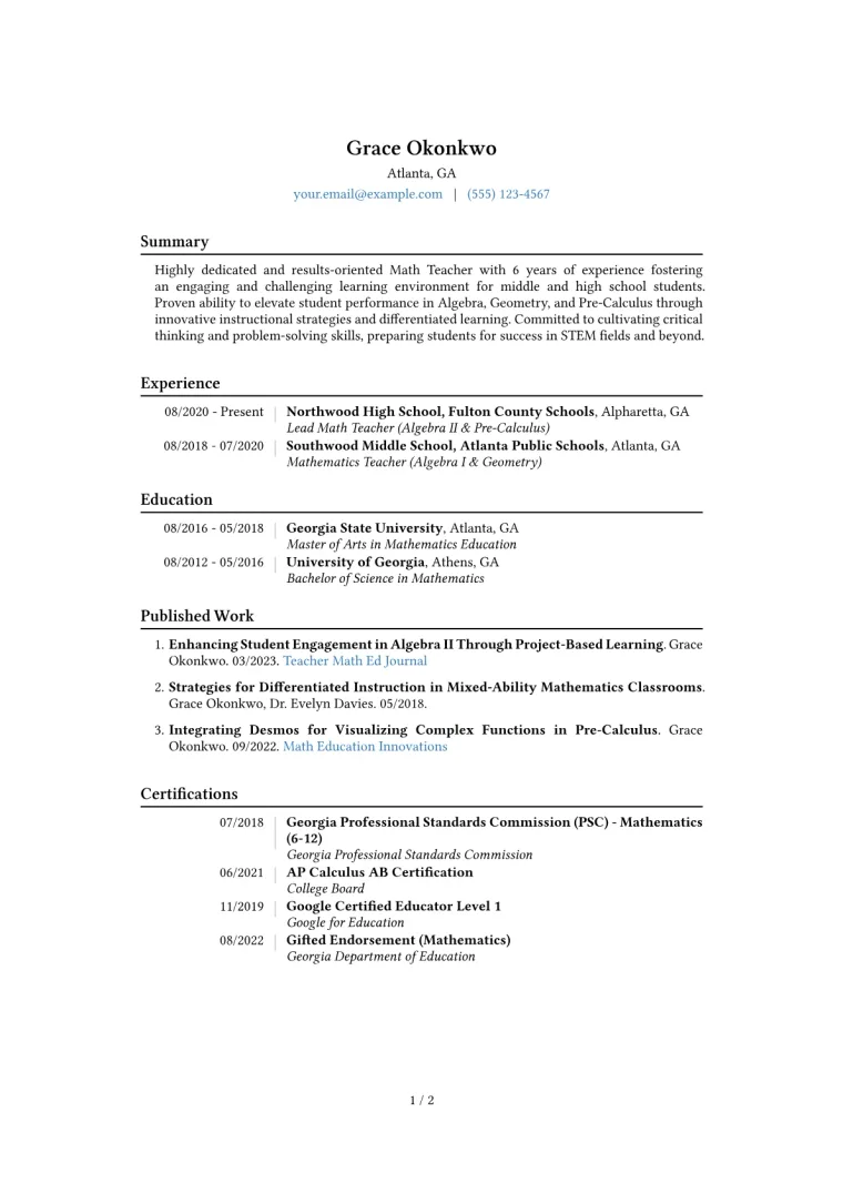 Math Teacher Resume Example CV template preview