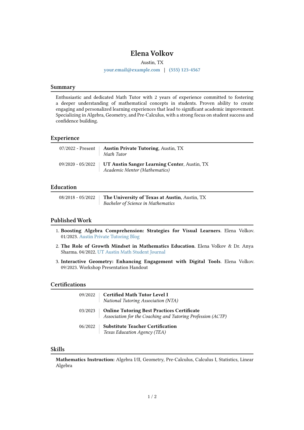 Math Tutor Resume Example CV template - Page 1