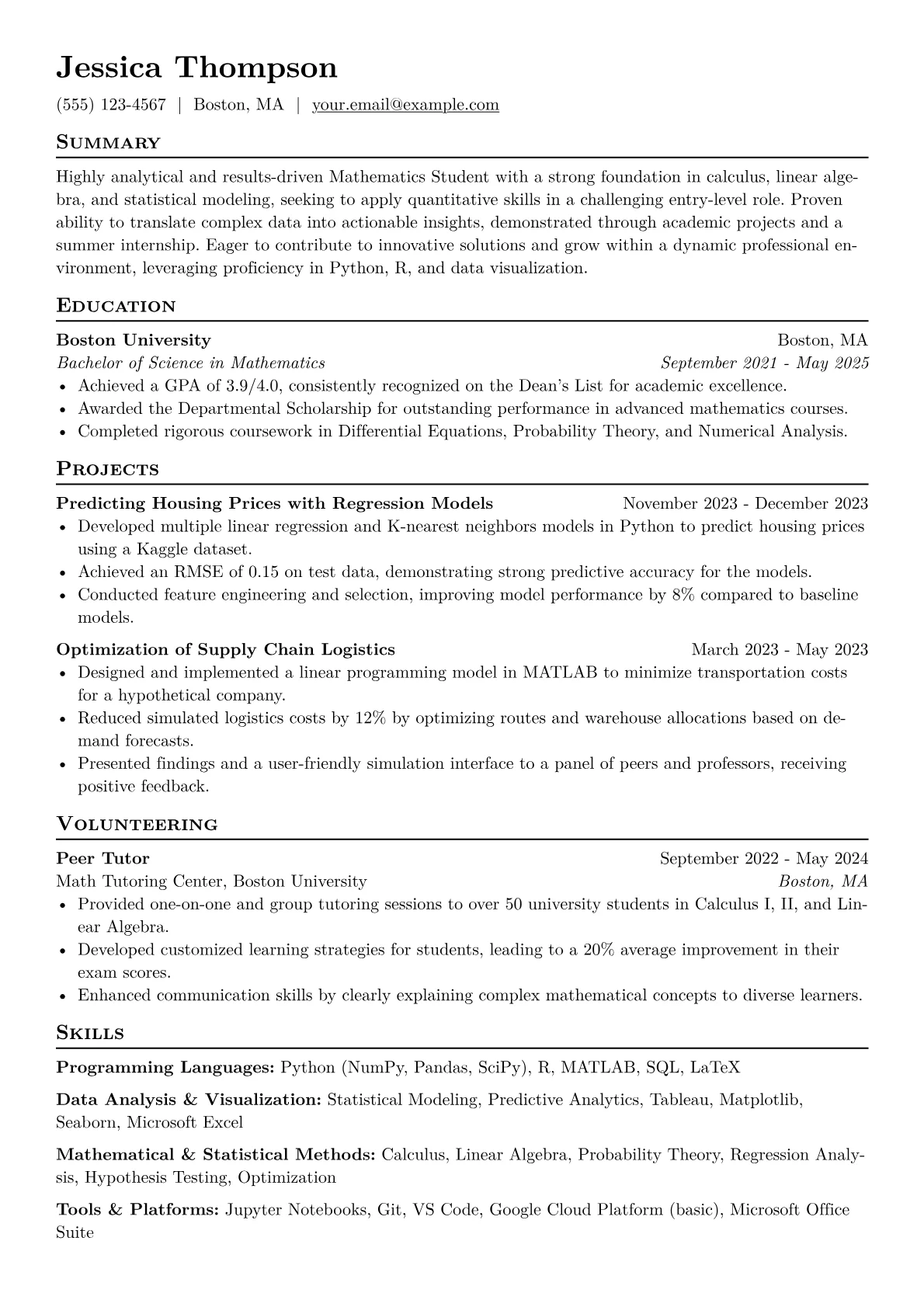 Mathematics Student Resume Example CV template - Page 1