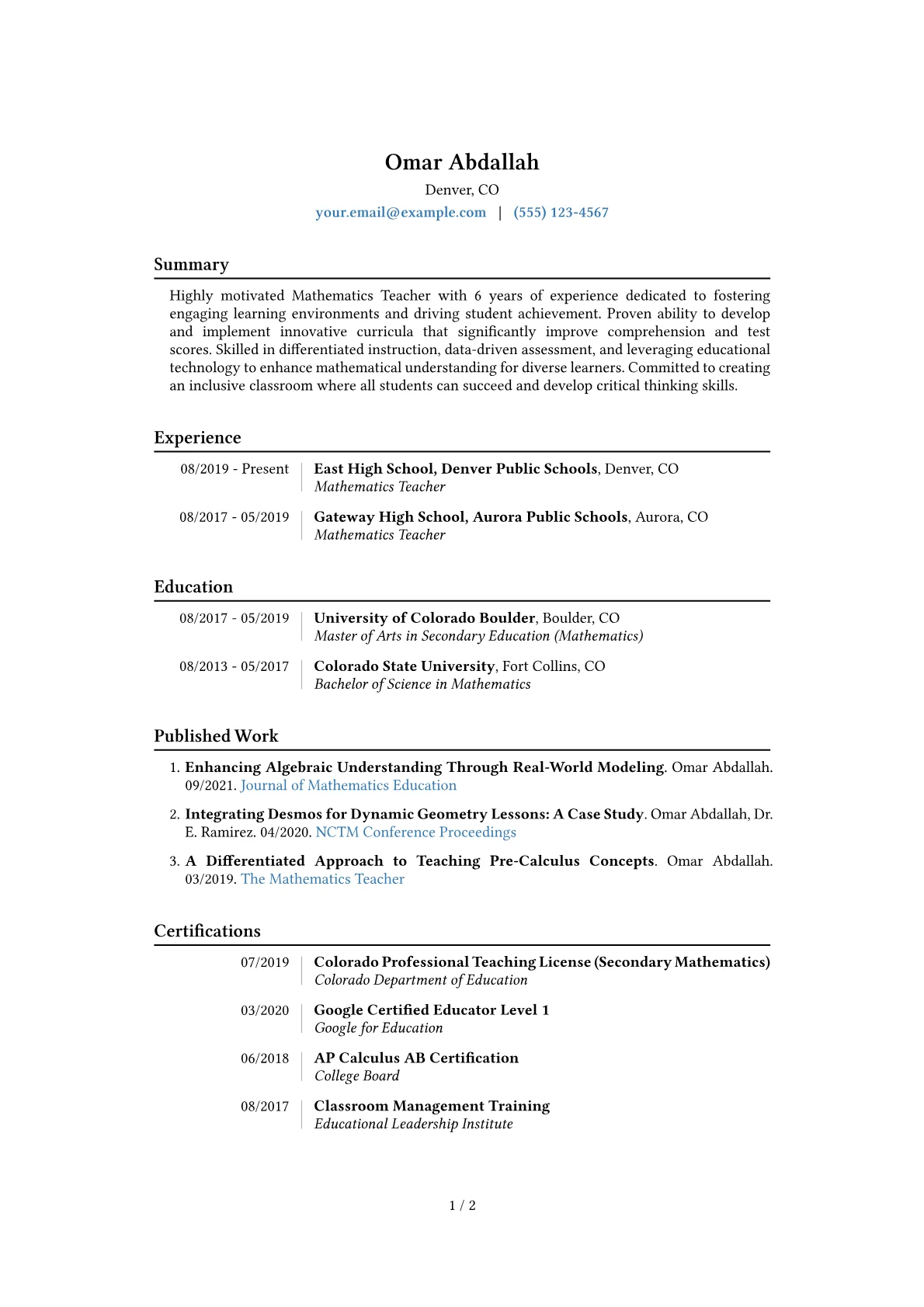 Mathematics Teacher Resume Example CV template - Page 1