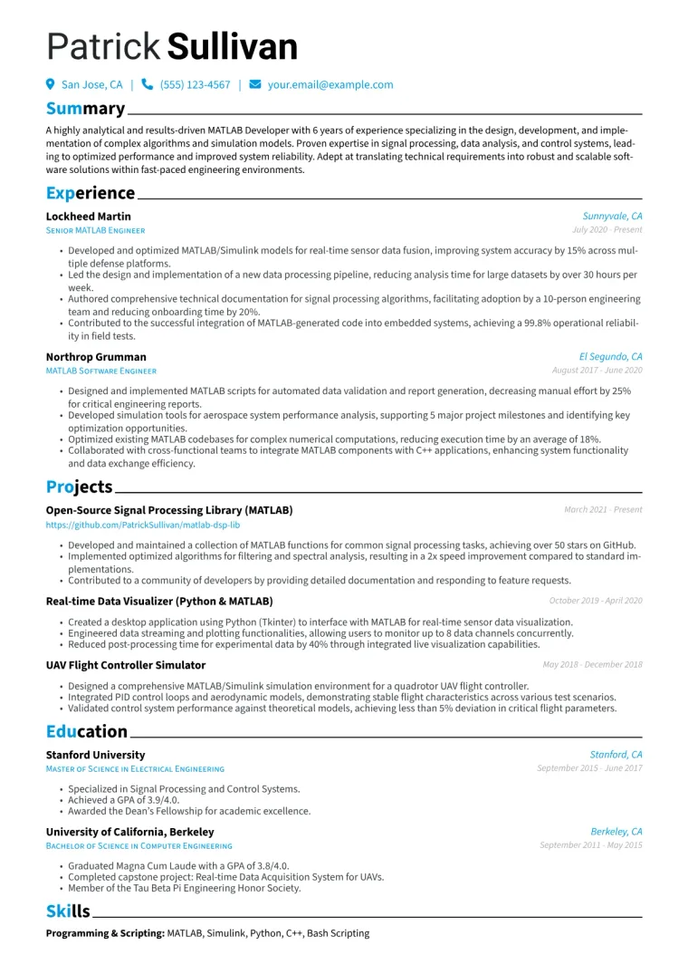 MATLAB Developer Resume Example CV template preview