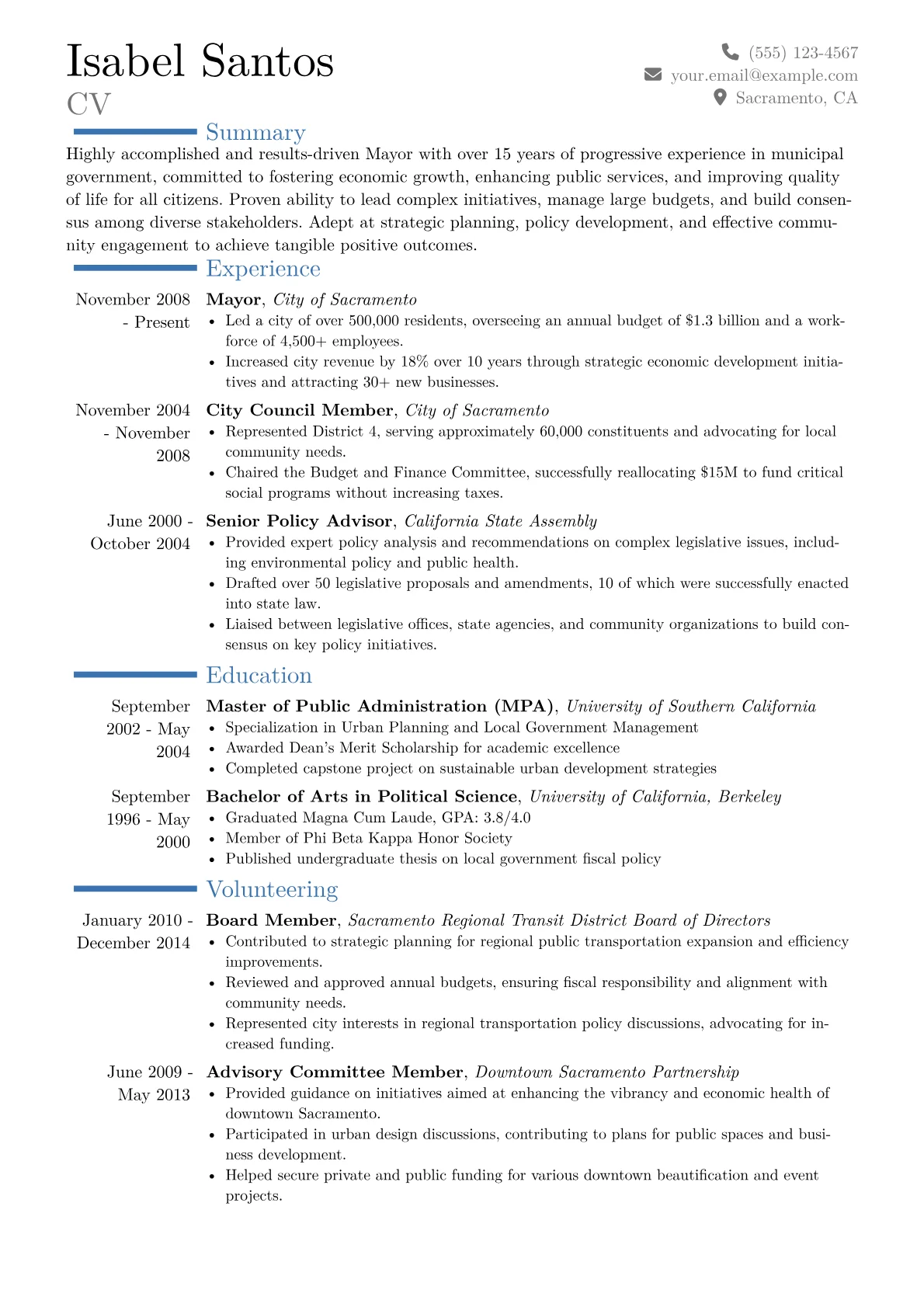 Mayor Resume Example CV template - Page 1