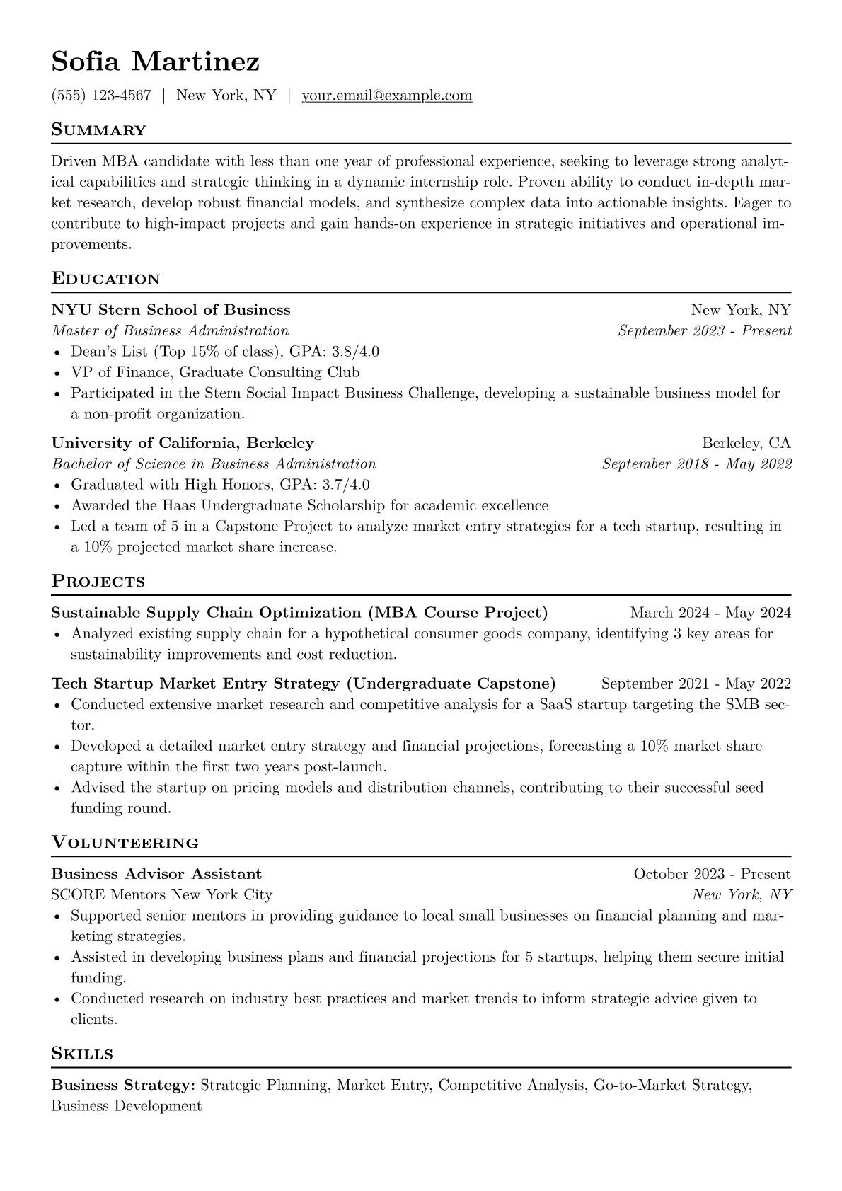 MBA Intern Resume Example CV template - Page 1
