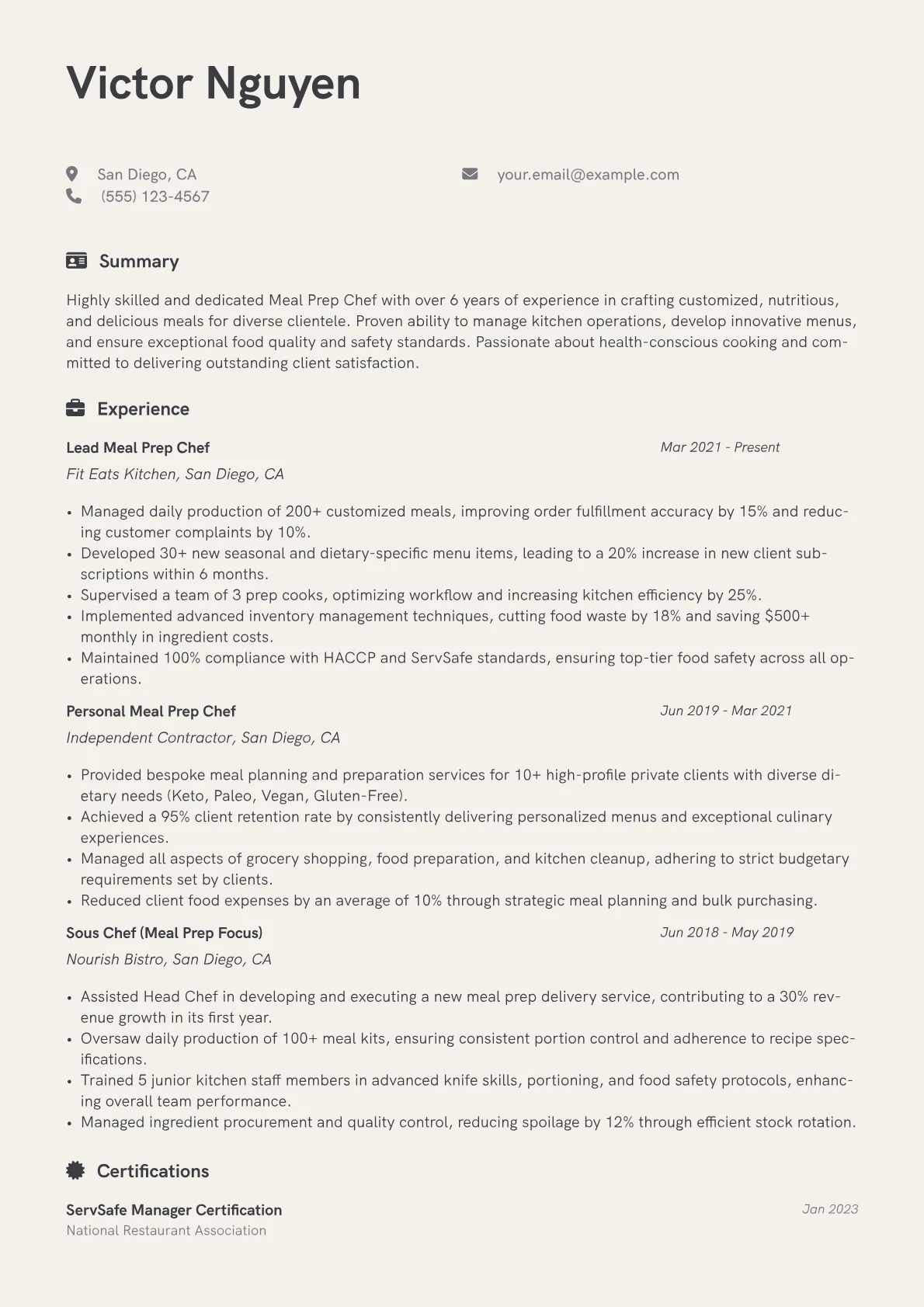 Meal Prep Chef Resume Example CV template - Page 1