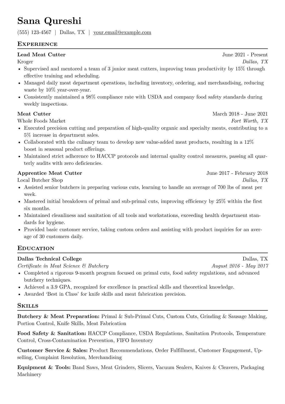 Meat Cutter Resume Example CV template - Page 1