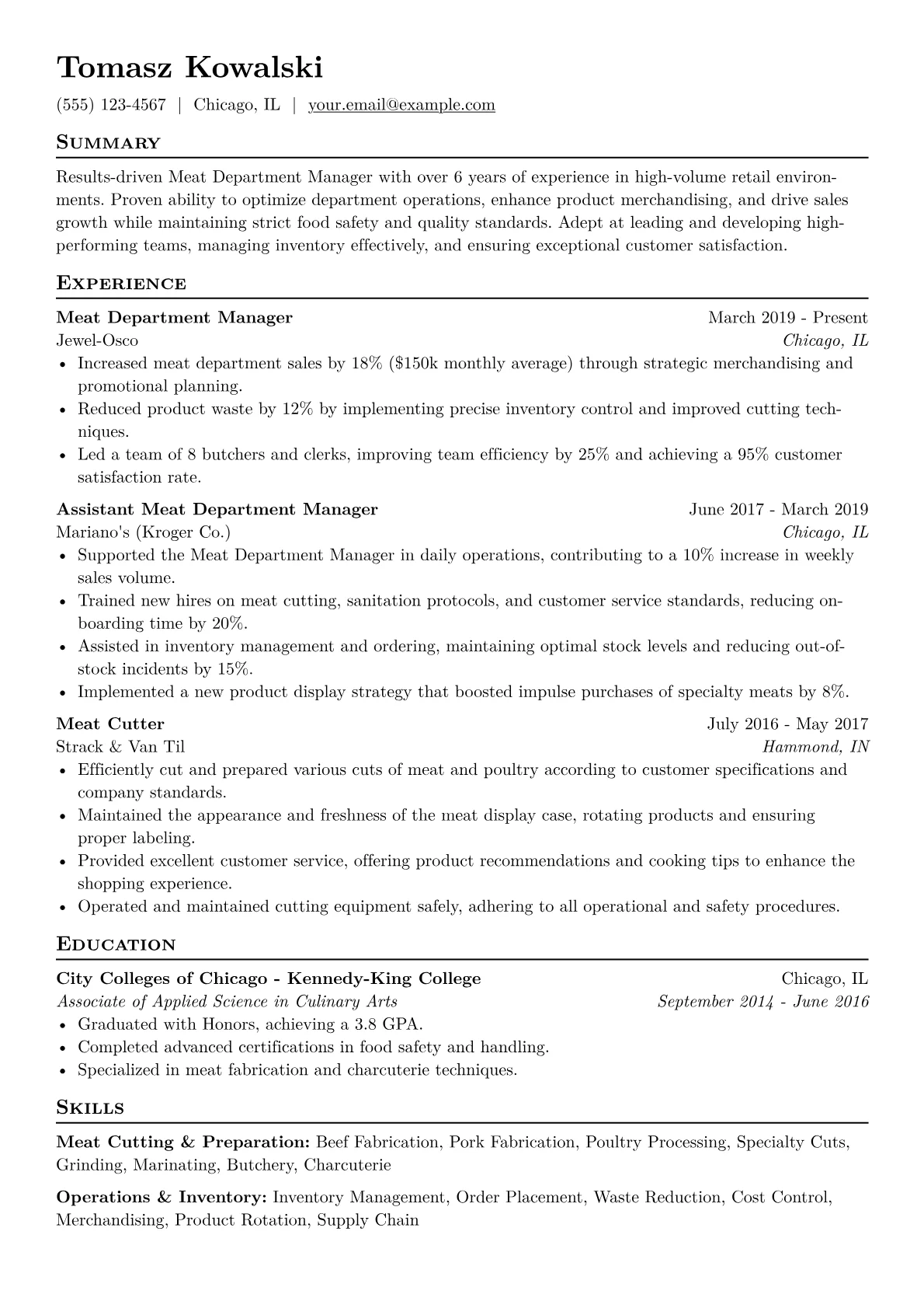Meat Department Manager Resume Example CV template - Page 1