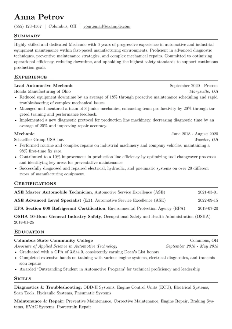Mechanic Resume Example CV template preview