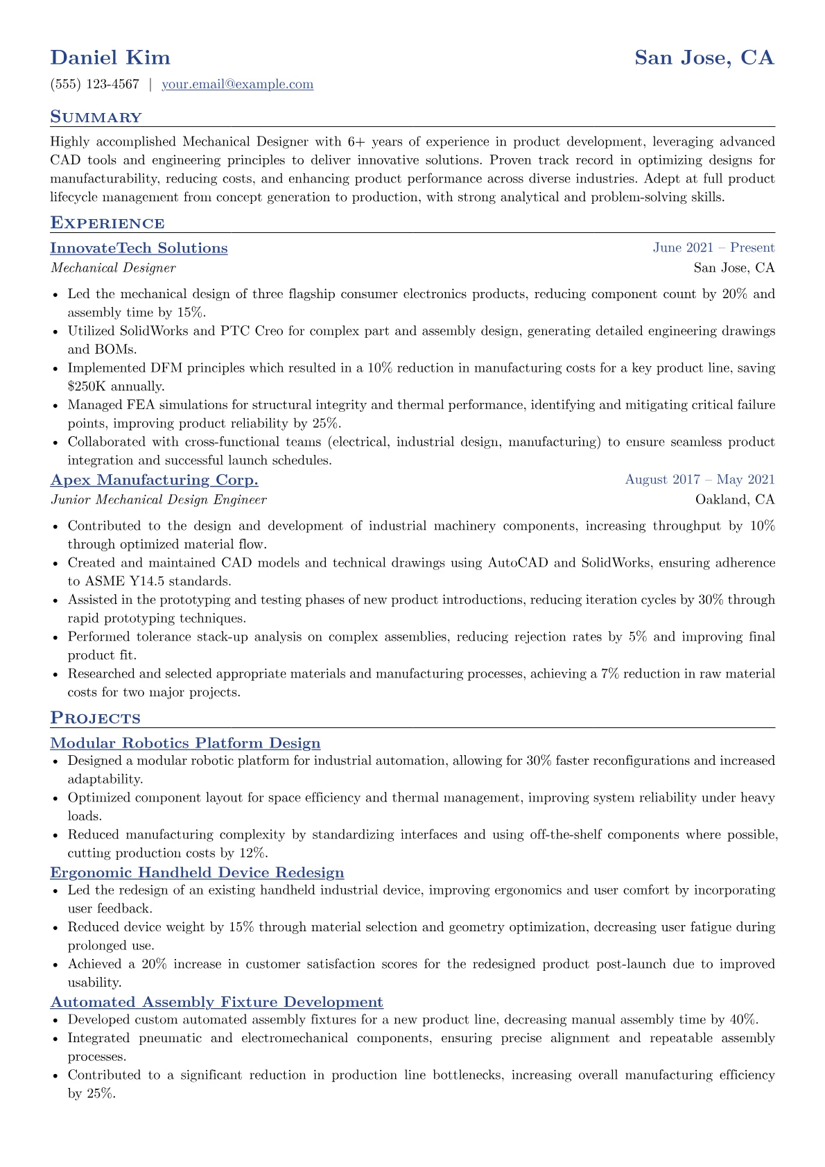 Mechanical Designer Resume Example CV template - Page 1