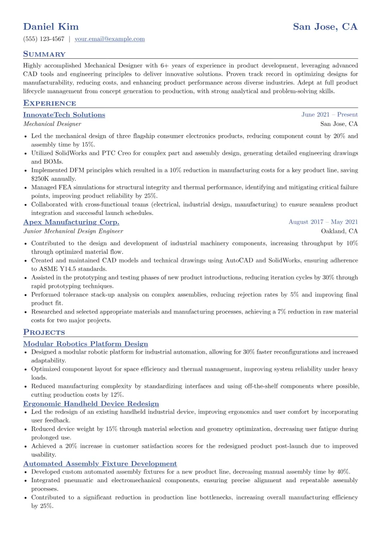 Mechanical Designer Resume Example CV template preview