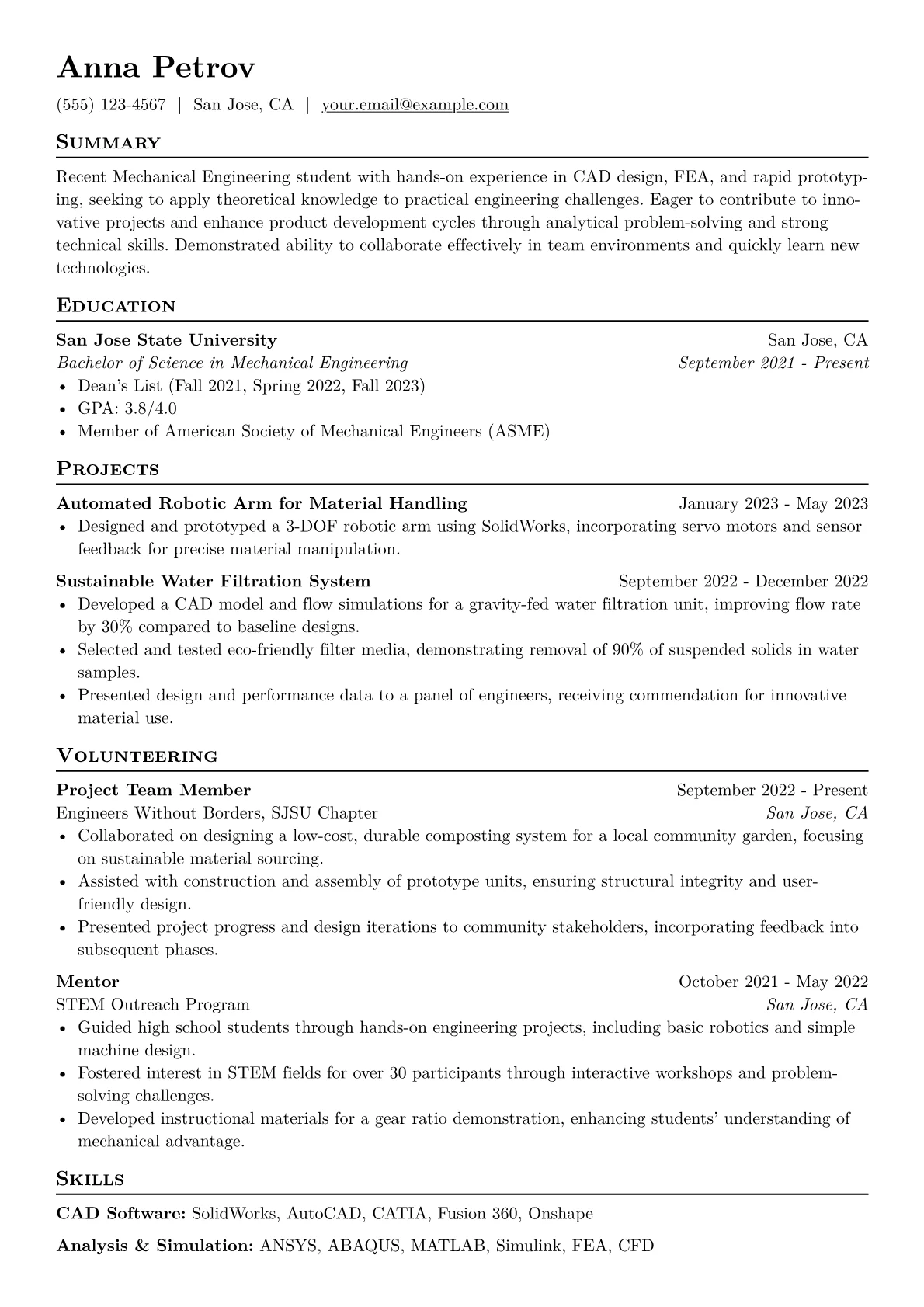 Mechanical Engineering Intern Resume Example CV template - Page 1