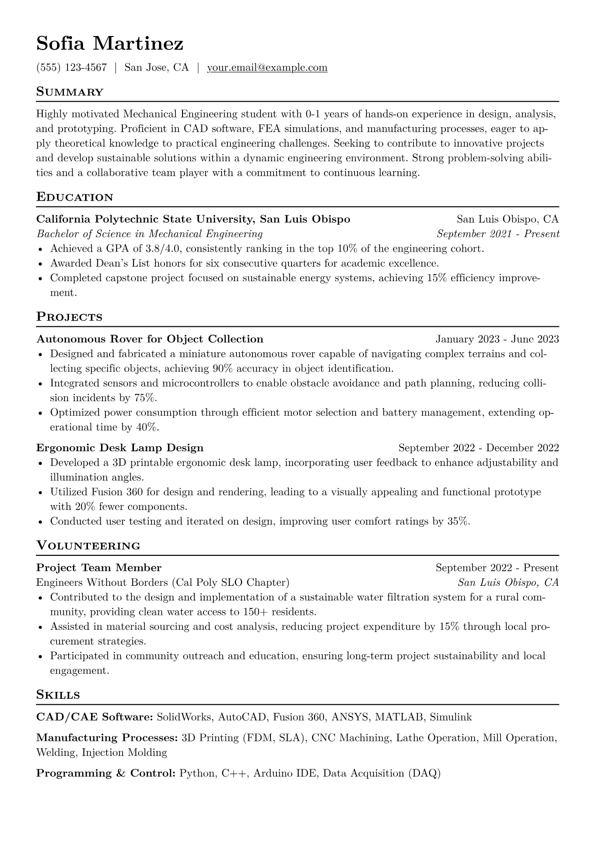 Mechanical Engineering Student Resume Example CV template - Page 1