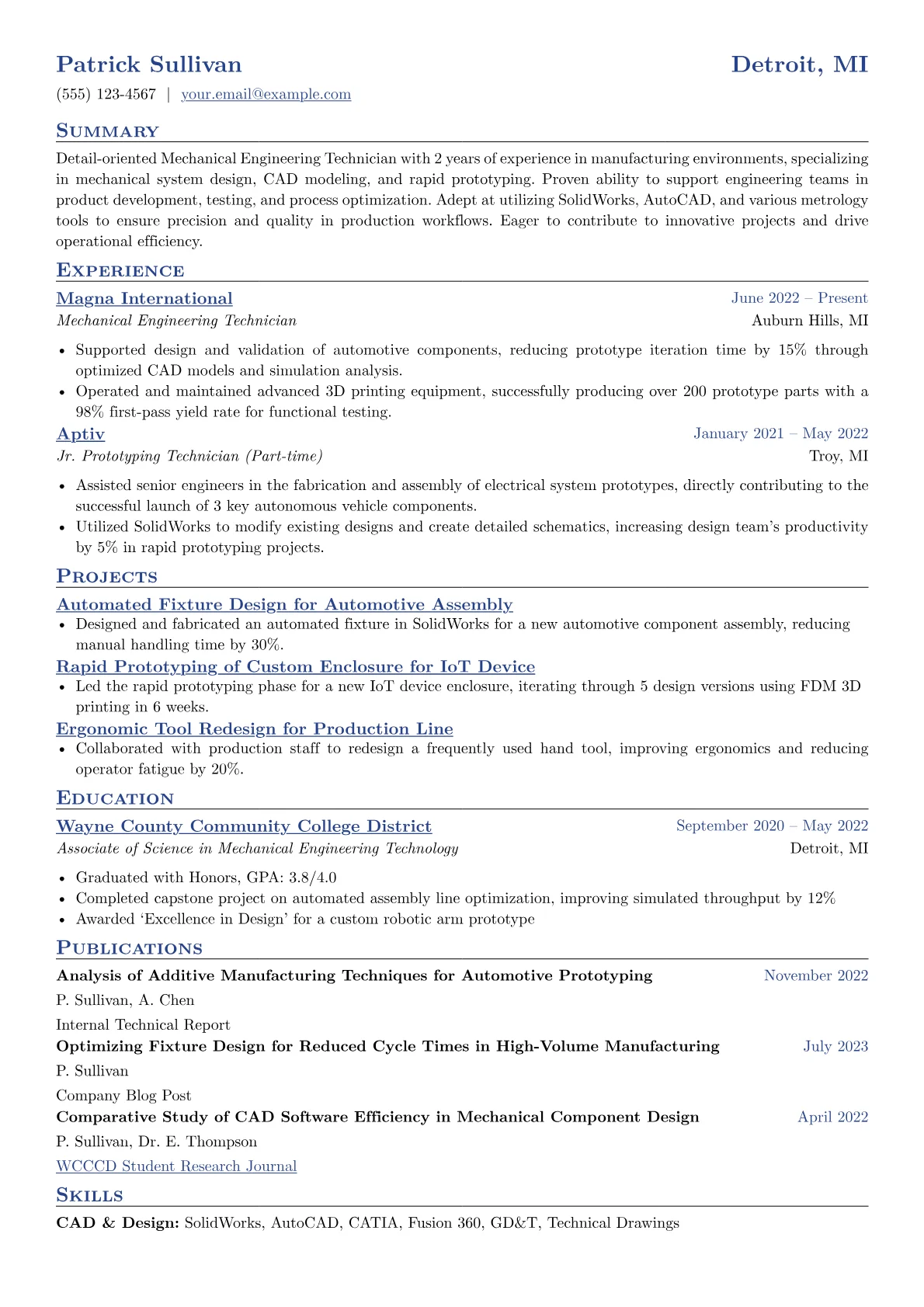 Mechanical Engineering Technician Resume Example CV template - Page 1